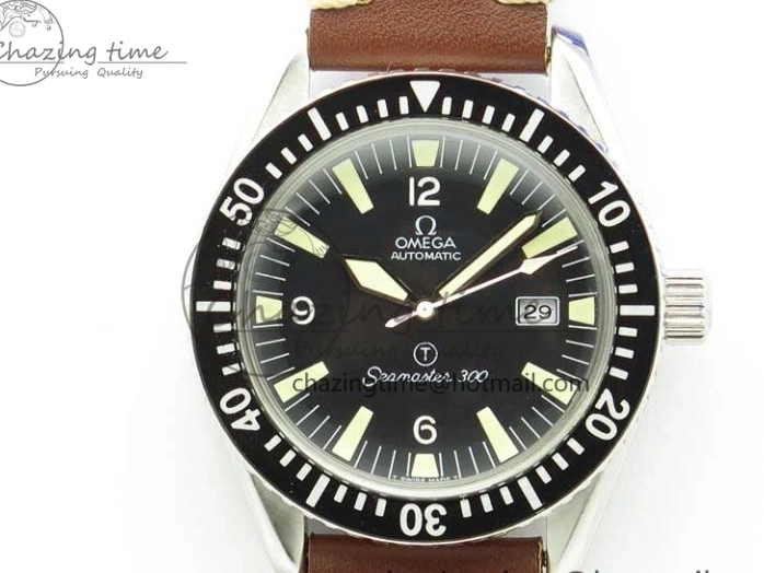 0408 Vintage Seamaster 300 Date T SS B12 Black Dial On Brown Leather Strap A2836 (Free Nylon Strap) WeatherProof 7911